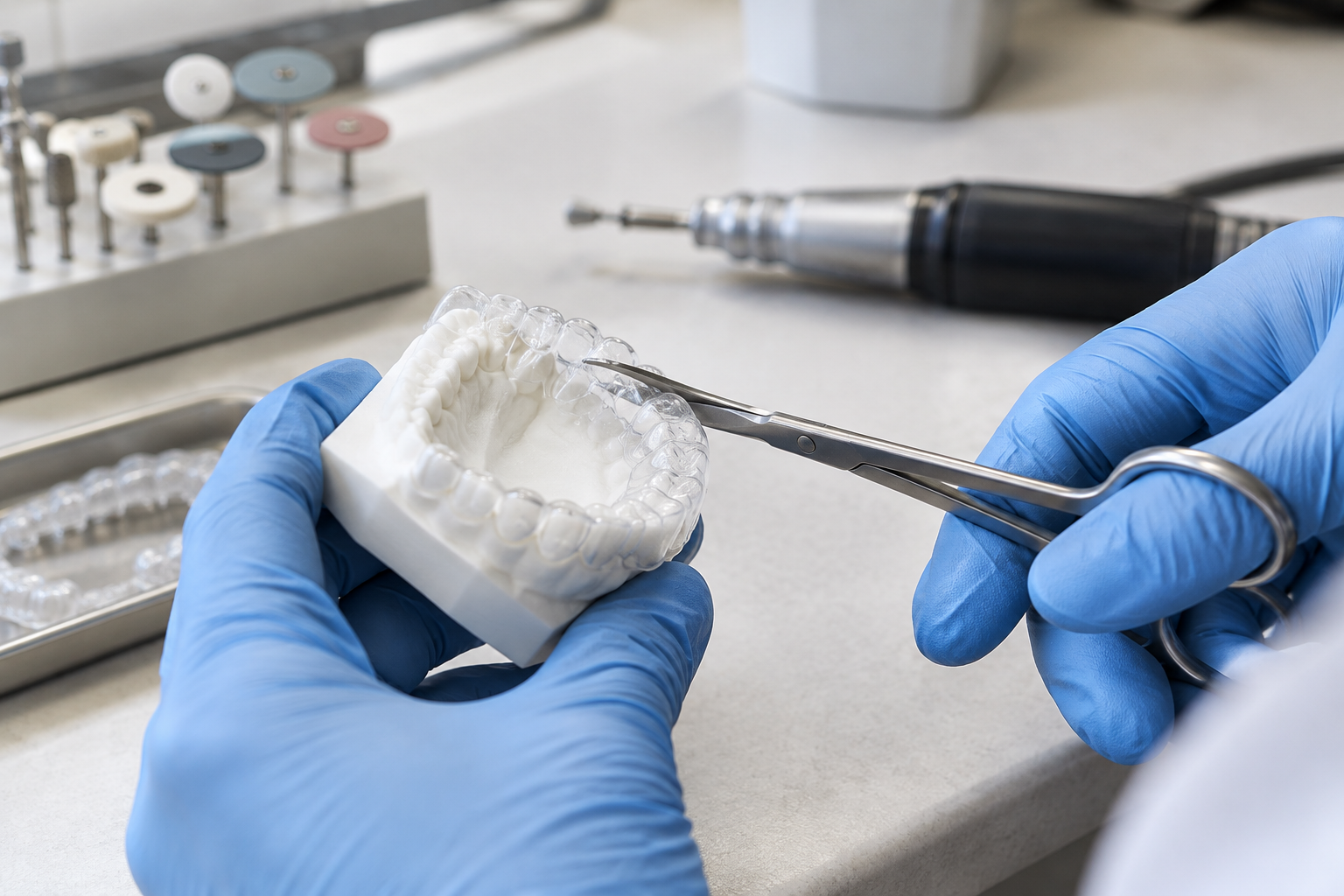 Technician trimming an aligner with scissors