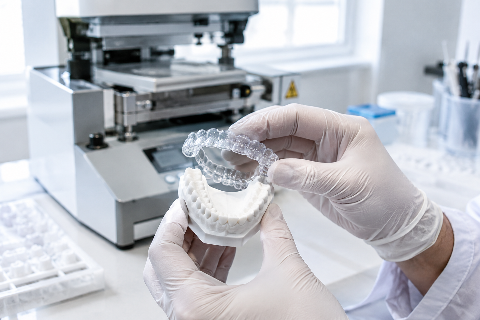 Technician checking aligner template