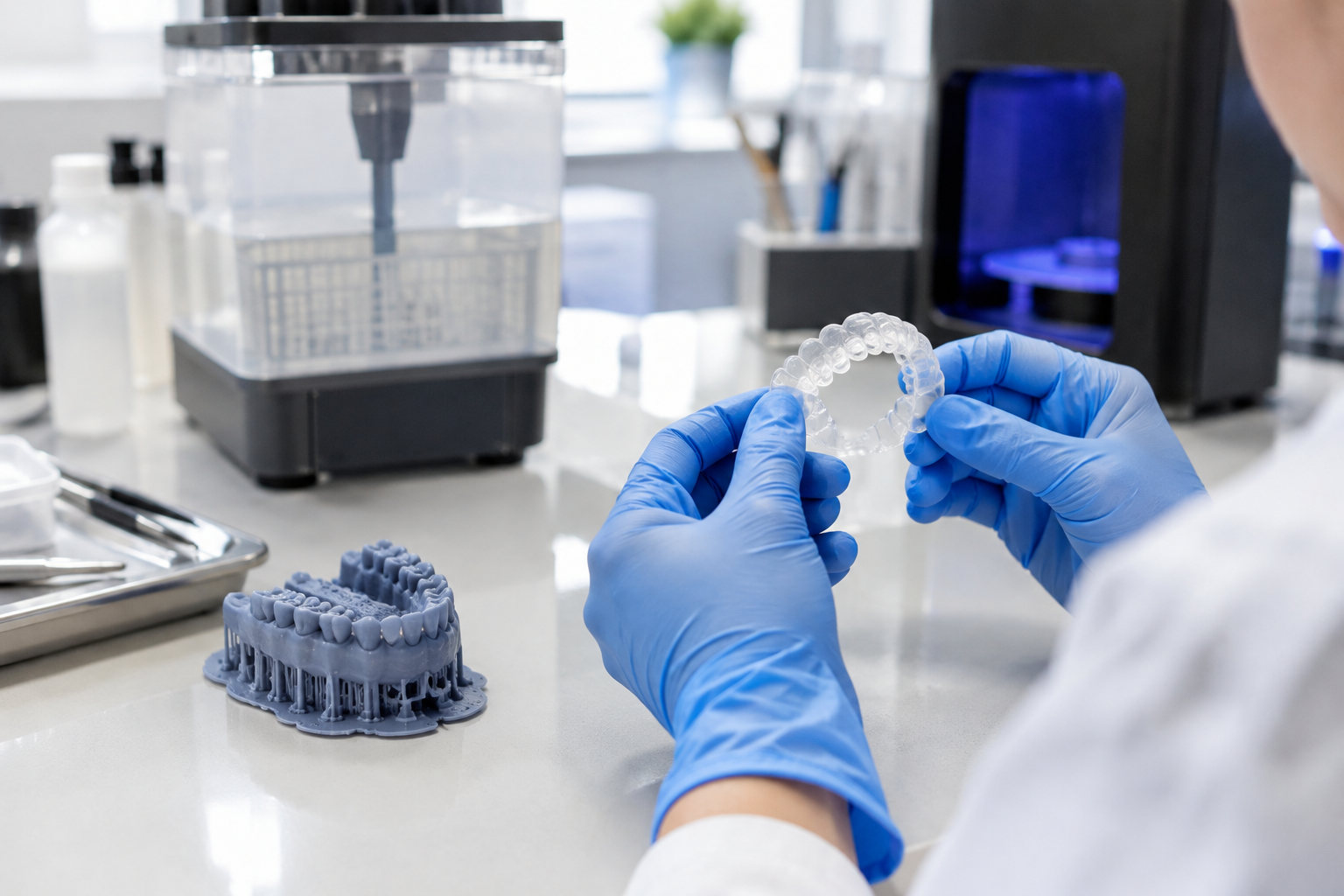 Technician inspecting printed aligner